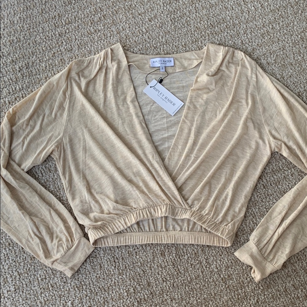 Ripley Rader Cream Tan Long Sleeve Wrap Crop Blouse